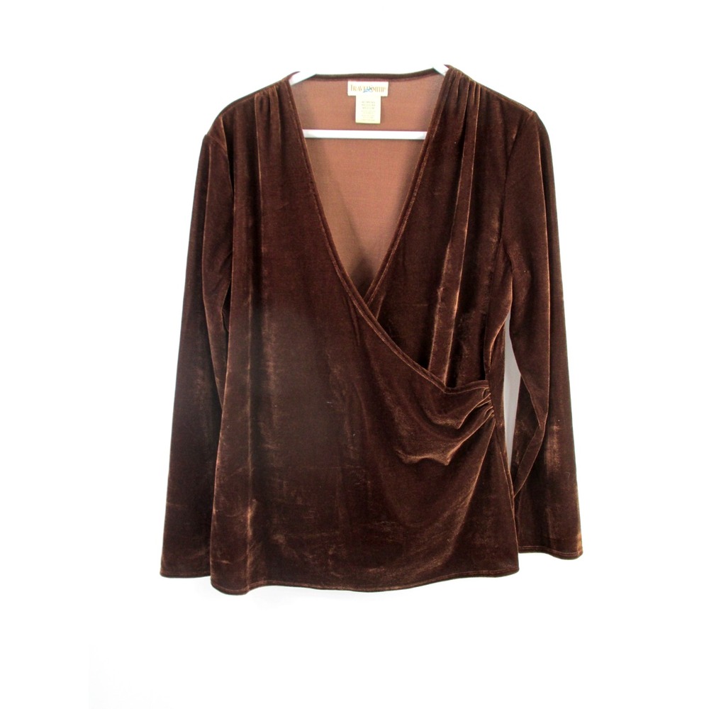 TRAVELSMITH Pullover Velvet Blouse Women Medium Brown Scoop V-Neck Vintage 90's